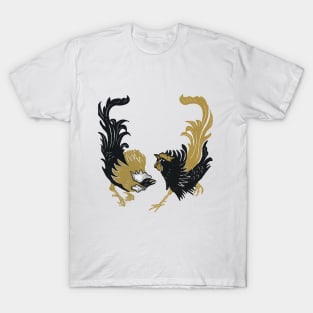 The Couple Rooster Chicken Japanese Woodcut Printing Style T-Shirt